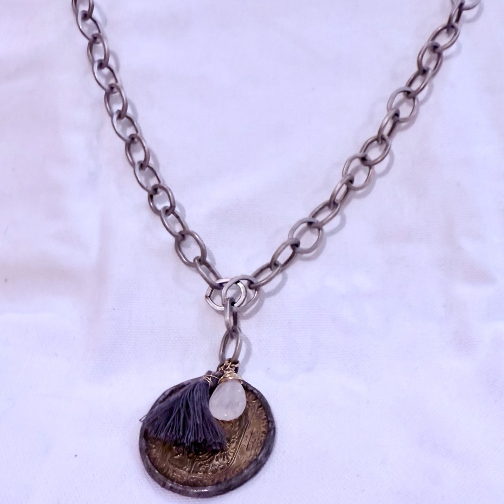 Mixed Metal Coin Necklace - 35” Silver and Gold Pendant Necklace